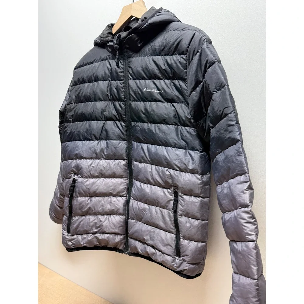 Eddie Bauer Reversible Hooded Puffer Jacket Ombre‎ Black Grey Down Fill Youth L